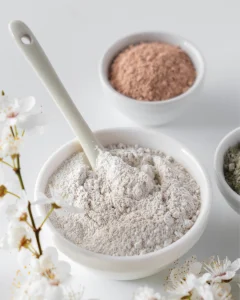 3 bols contenant des poudres minérales naturelles dont celui en premier plan avec une poudre minérale blanche et une fleur blanche sur la gauche de l'image